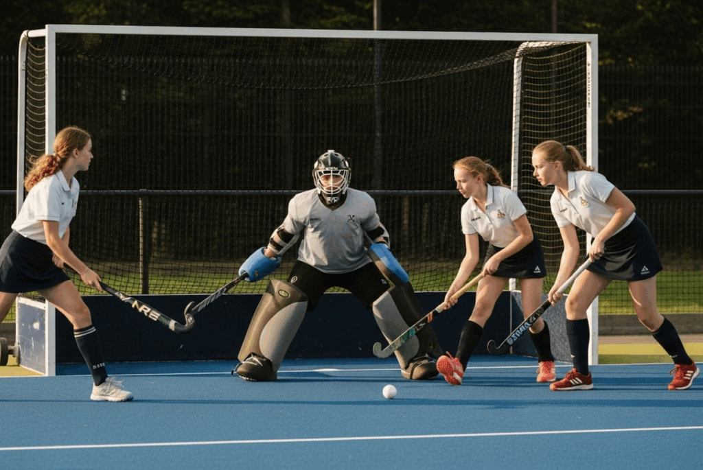 Meiden spelen hockey op het hockeyveld