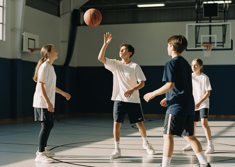 Middelbare scholieren die basketbal spelen in een sporthal